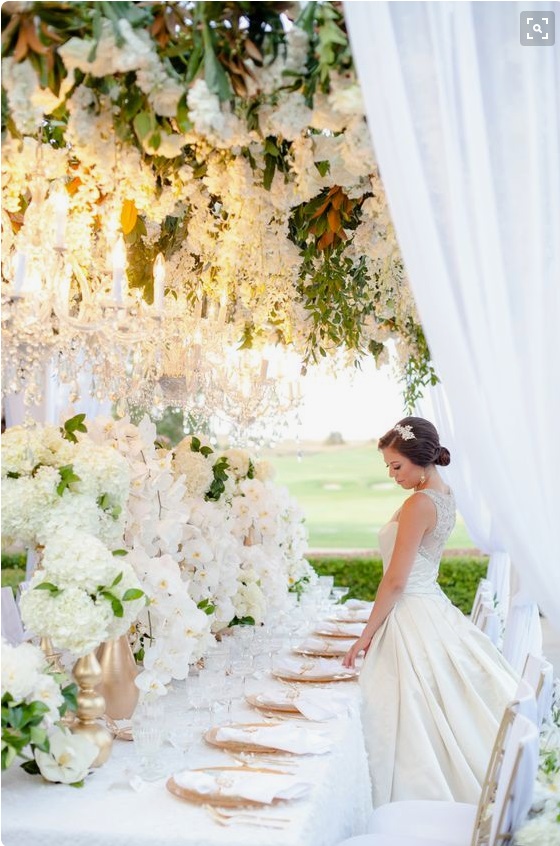 Tablescape with hydrangea orchids and chandeliers.