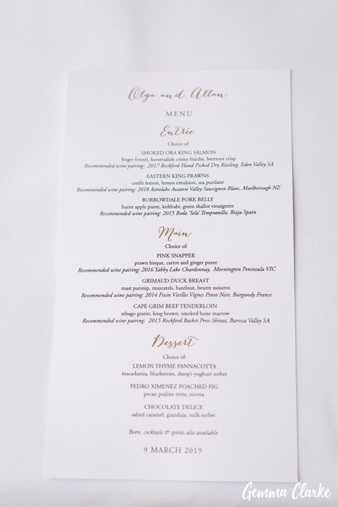 Wedding menu with gold foiling. Image Gemma Clarke.