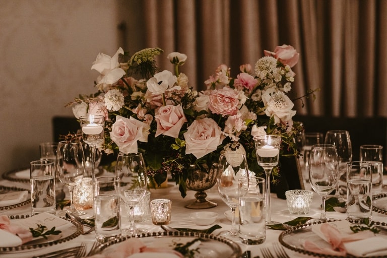 A beautiful table awaits Sue and Ian for their wedding at Gunners Barracks by Miss Fleuriste. Image The Beautiful Collective.