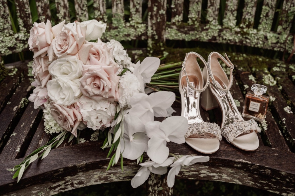 Wedding shoes, wedding bouquet at coco chanel perfume
