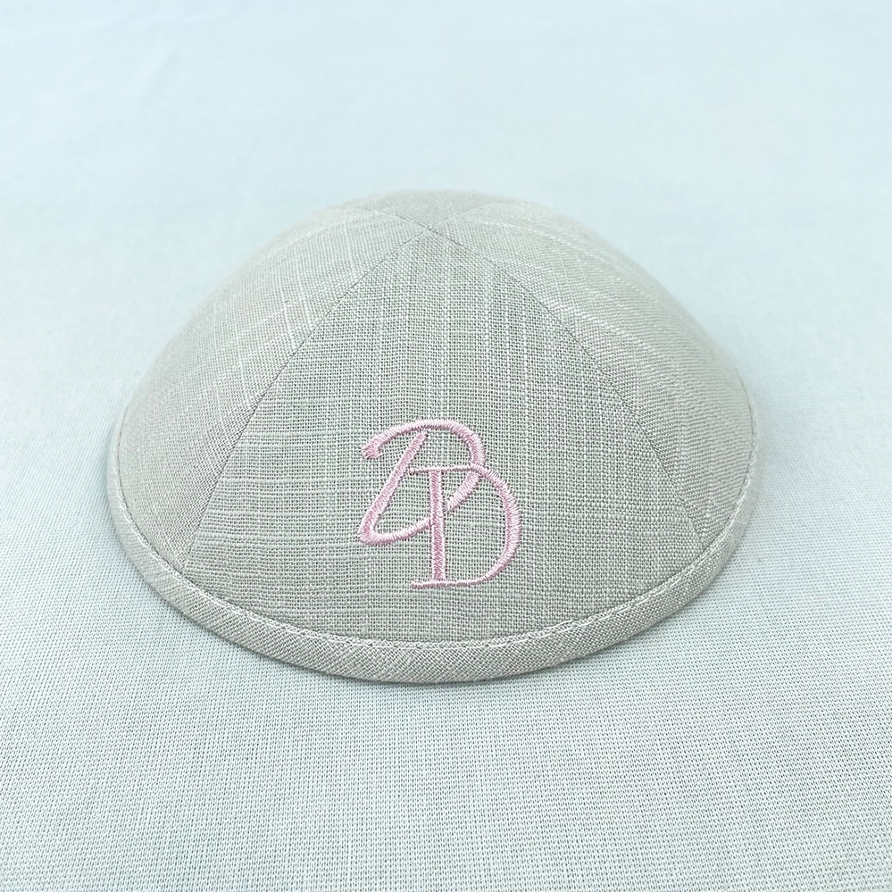 Kippah Beige Grey Linen Skull Cap Personalisation Pink Embroidery