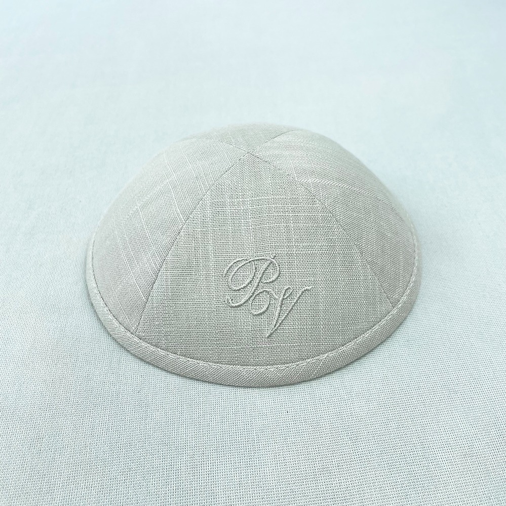 Kippah Beige Grey Linen Skull Cap Outside Embroidery