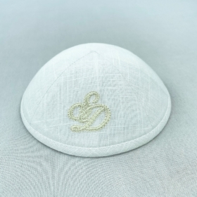 Off White Linen Personalised Kippot Embroidered Monogram
