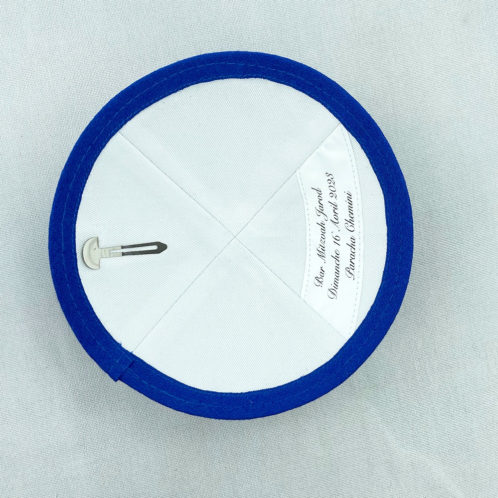 Royal Blue Linen Personalised Yarmulke Inside Label