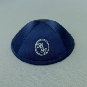 Navy Blue Satin Personalised Yarmulke Outside Monogram