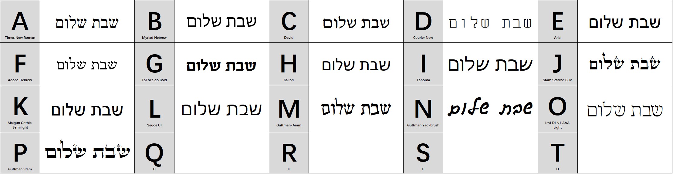 Hebrew Font Selections May 2024